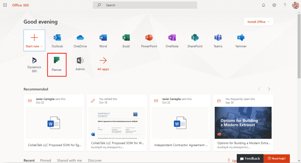 Office 365 login and Planner app selection