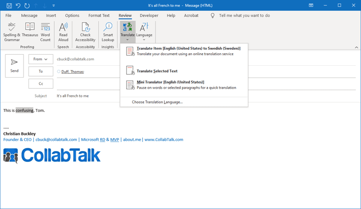 Microsoft Translate now part of Microsoft Outlook