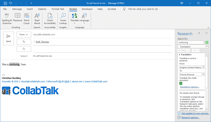 Accessing the translation capability in Microsoft Outlook