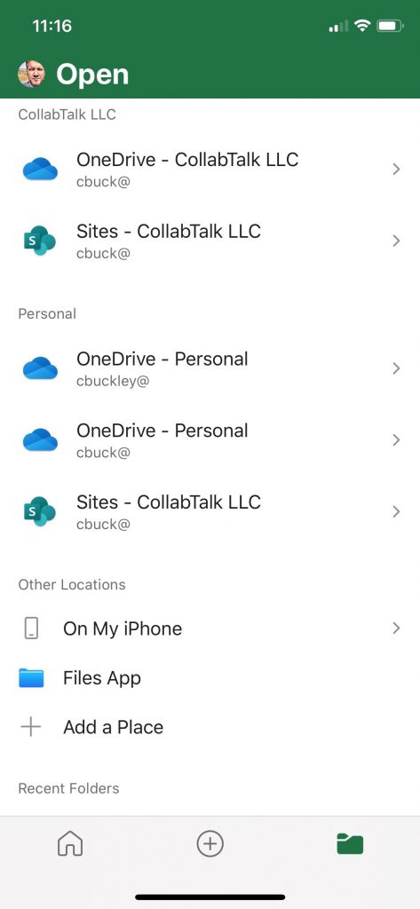 OneDrive type view inside of the Excel mobile app