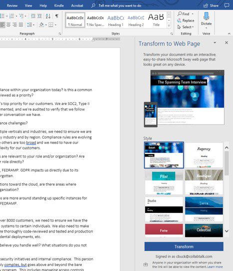 Transform a Word document to a webpage